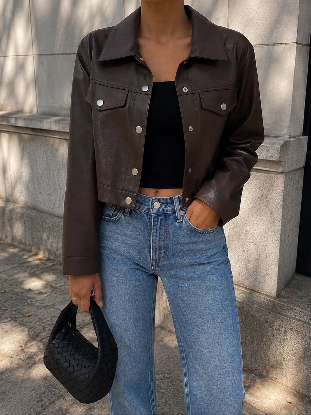 Chocolate Brown Faux Leather Cropped Trucker Jacket S